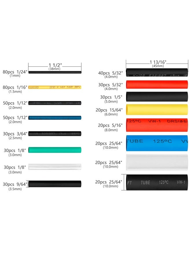 580 PCS Heat Shrink Tubing 2:1, Electrical Wire Cable Wrap Assortment Electric Insulation Heat Shrink Tube  Kit for DIY(6 colors/11 Sizes), Black, Red, Blue, Yellow, Green，Transparent - Image 2