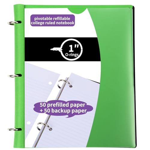 Tashkummy Pivotable Refillable Notebook, 1 Inch 3 Ring Notebook Binder, 50 College Ruled Paper, 5 Subject Notebook with Dividers and Folder Pockets, Tabs- Green - Image 1