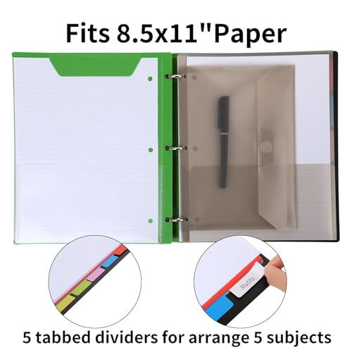 Tashkummy Pivotable Refillable Notebook, 1 Inch 3 Ring Notebook Binder, 50 College Ruled Paper, 5 Subject Notebook with Dividers and Folder Pockets, Tabs- Green - Image 4