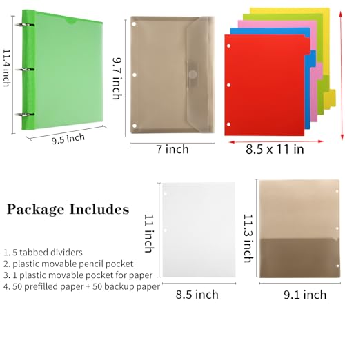 Tashkummy Pivotable Refillable Notebook, 1 Inch 3 Ring Notebook Binder, 50 College Ruled Paper, 5 Subject Notebook with Dividers and Folder Pockets, Tabs- Green - Image 2