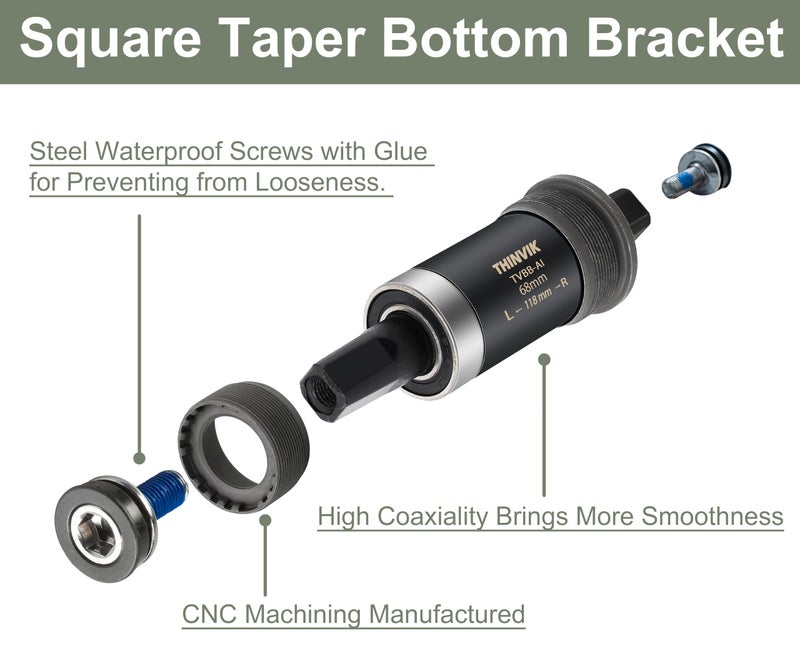 Thinvik Square Tapered Bottom Bracket - 68mm English BSA Compatible with Shimano BB-UN26/BB-300/BB-100/BB-101, 68mm x 108 110 113 116 118 122.5 127 - Image 2