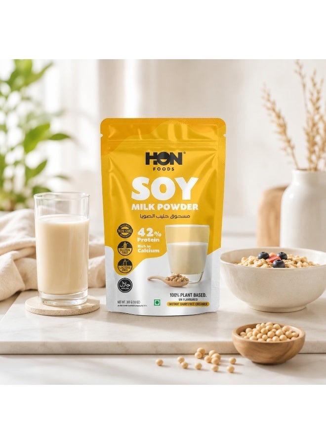 HON Foods Soy Milk Powder 300 gm | 42% Protein | Instant Vegan | Lactose Free | Non-GMO | Smooth & Creamy | Tea, Coffee & Baking | Plant-Based - Image 1
