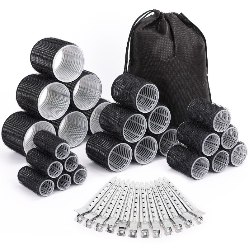 Selizo Hair Curlers 36 Pcs Set with 24Pcs Hair Curlers 4 Sizes and 12 Pcs Hair Clips for Long Medium Short Thick Hair, Black - Image 1