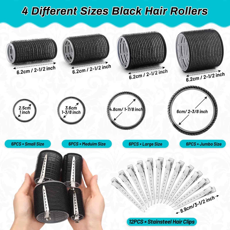 Selizo Hair Curlers 36 Pcs Set with 24Pcs Hair Curlers 4 Sizes and 12 Pcs Hair Clips for Long Medium Short Thick Hair, Black - Image 3