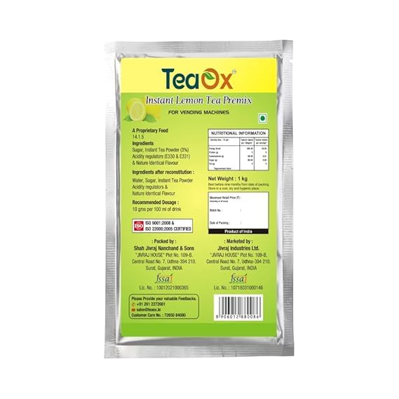 TeaOx Instant Lemon Tea Premix 1 kg Pouch | For Vending Machines | Instant Tea Powder | Premix Tea | Leman Grass
