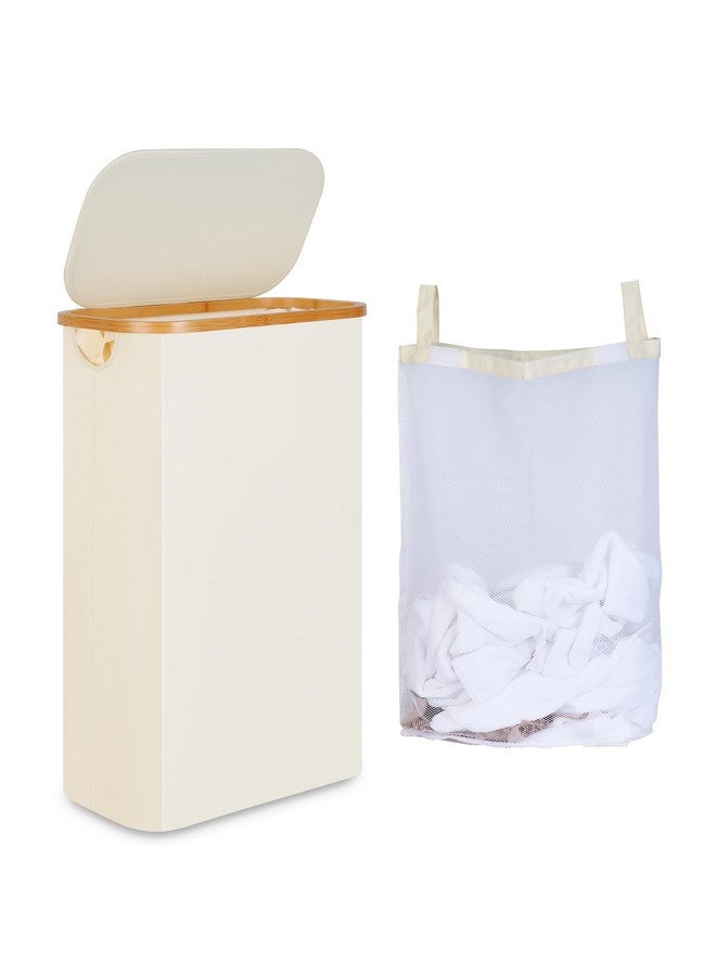 iEGrow Slim Laundry Hamper, Narrow Laundry Basket with Lid,Foldable Clothes Hamper with Bamboo Handles,Hamper Basket with Removable Inner Bag for Laundry Room Bedroom College Dorm,60L Beige - Image 1