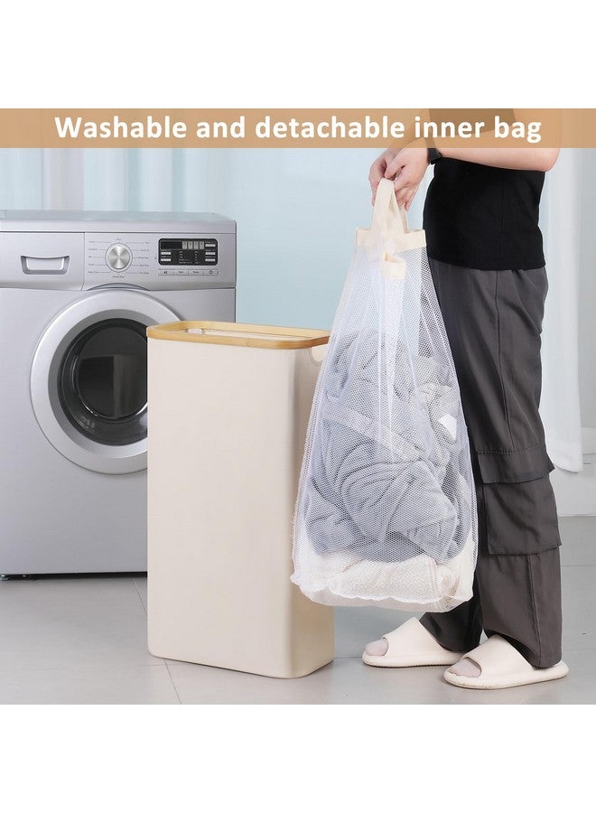 iEGrow Slim Laundry Hamper, Narrow Laundry Basket with Lid,Foldable Clothes Hamper with Bamboo Handles,Hamper Basket with Removable Inner Bag for Laundry Room Bedroom College Dorm,60L Beige - Image 5