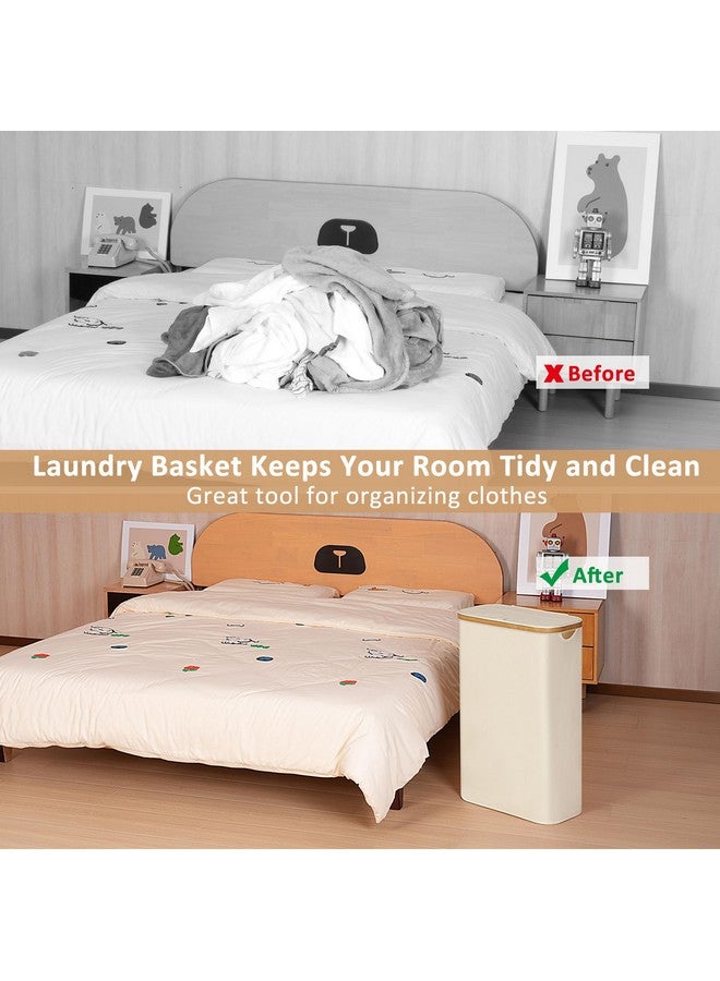iEGrow Slim Laundry Hamper, Narrow Laundry Basket with Lid,Foldable Clothes Hamper with Bamboo Handles,Hamper Basket with Removable Inner Bag for Laundry Room Bedroom College Dorm,60L Beige - Image 3
