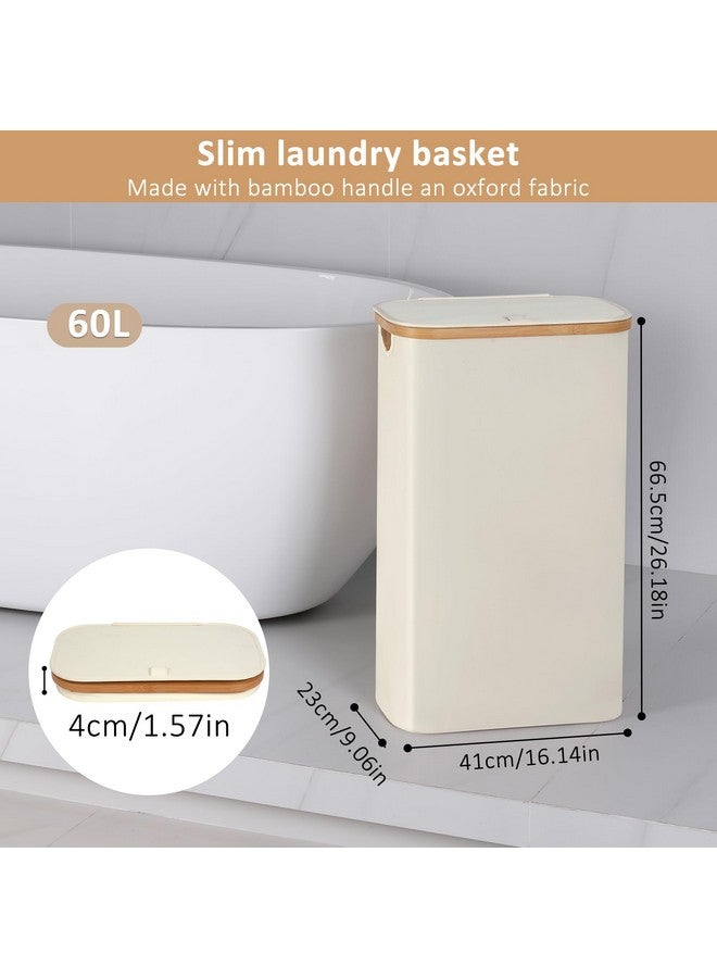 iEGrow Slim Laundry Hamper, Narrow Laundry Basket with Lid,Foldable Clothes Hamper with Bamboo Handles,Hamper Basket with Removable Inner Bag for Laundry Room Bedroom College Dorm,60L Beige - Image 2