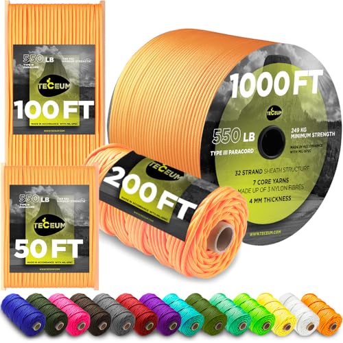 TECEUM Paracord Type III 550 Apricot – 100 ft – 4mm – Tactical Rope MIL-SPEC – Outdoor para Cord –Camping Hiking Fishing Gear and Equipment – EDC Parachute Cord – Strong Survival Rope - Image 1
