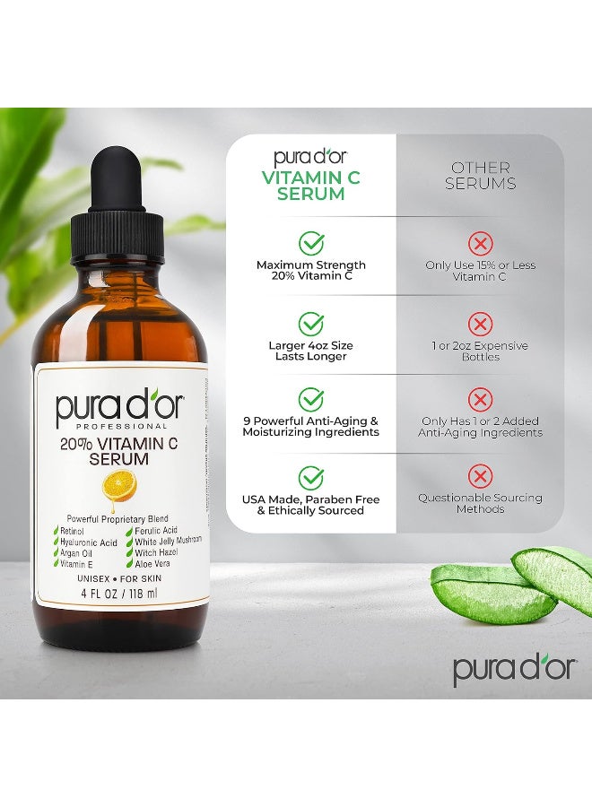 Pura d'or PURA D'OR 20% Vitamin C Serum Premium Professional Grade (4oz / 118mL) for Face & Eyes Most Complete Formula Hyaluronic Acid, Vitamin E & Argan Oil, Treatment for Dark Spots, Acne, Wrinkles, Men-Women - Image 4