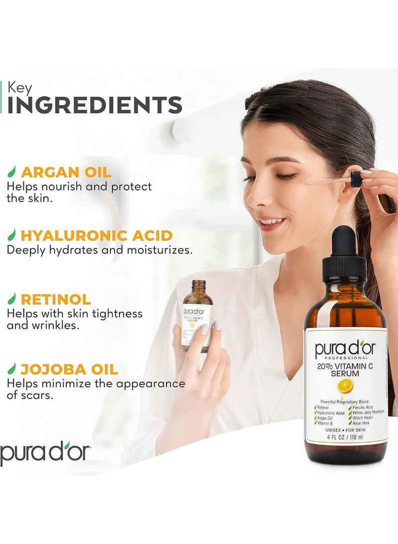 Pura d'or PURA D'OR 20% Vitamin C Serum Premium Professional Grade (4oz / 118mL) for Face & Eyes Most Complete Formula Hyaluronic Acid, Vitamin E & Argan Oil, Treatment for Dark Spots, Acne, Wrinkles, Men-Women - Image 5
