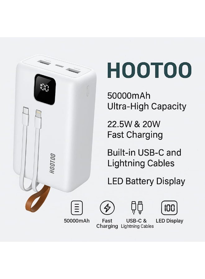 هوتو بنك طاقة هووتو 50000 مللي أمبير بقدرة شحن سريع 22.5 واط + PD 20 واط، مزود بكابلين مدمجين (Type-C وLightning) وشاشة رقمية و4 مخارج شحن - Image 4