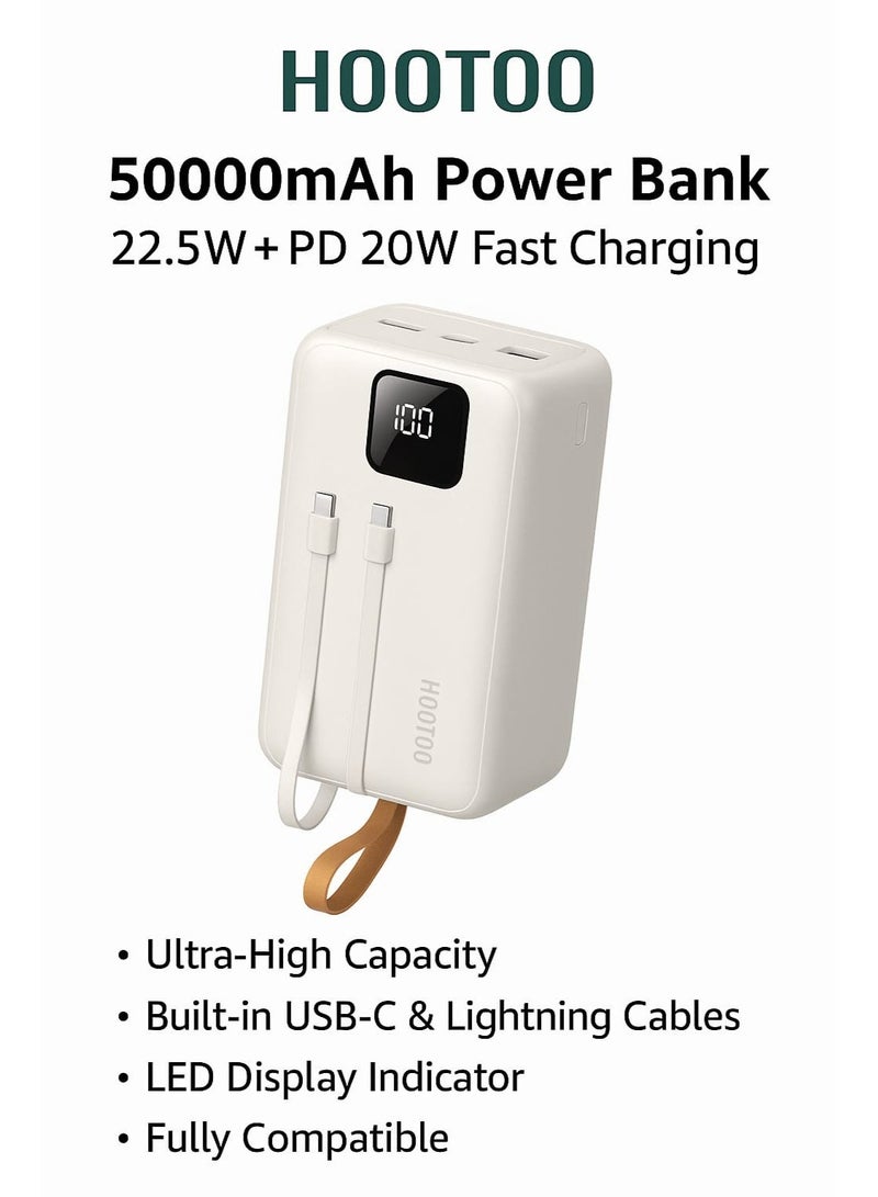 هوتو بنك طاقة هووتو 50000 مللي أمبير بقدرة شحن سريع 22.5 واط + PD 20 واط، مزود بكابلين مدمجين (Type-C وLightning) وشاشة رقمية و4 مخارج شحن - Image 3