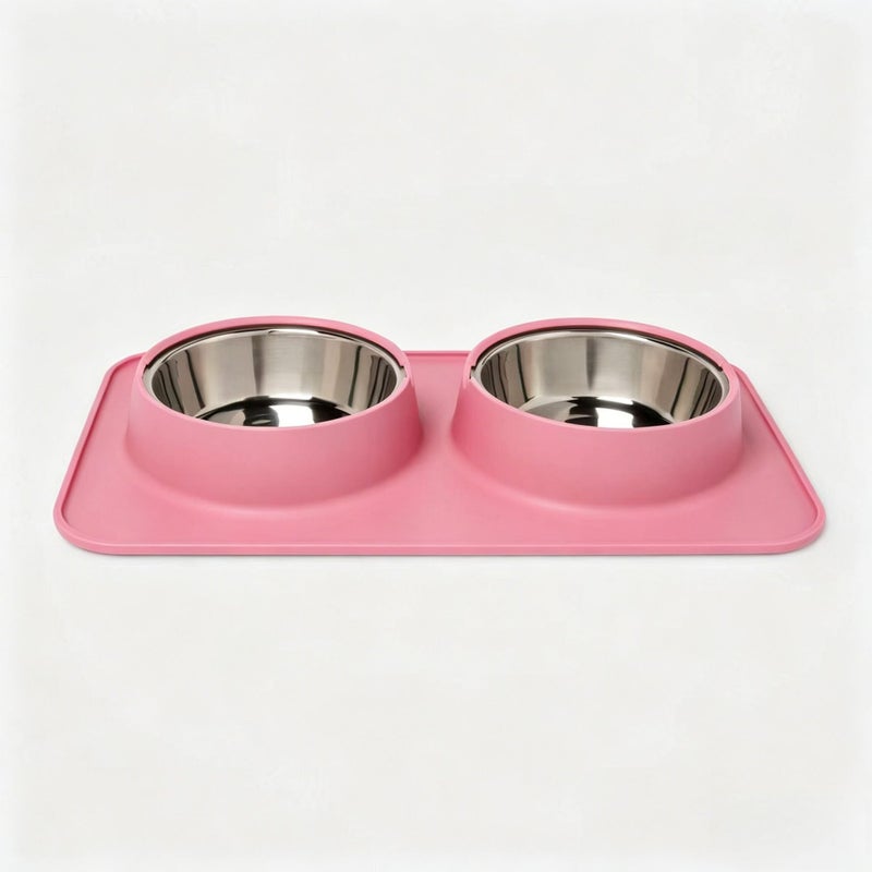 Food-grade silicone pet bowl with placemat, double-bowl design, neck-supporting food dish for cats and dogs