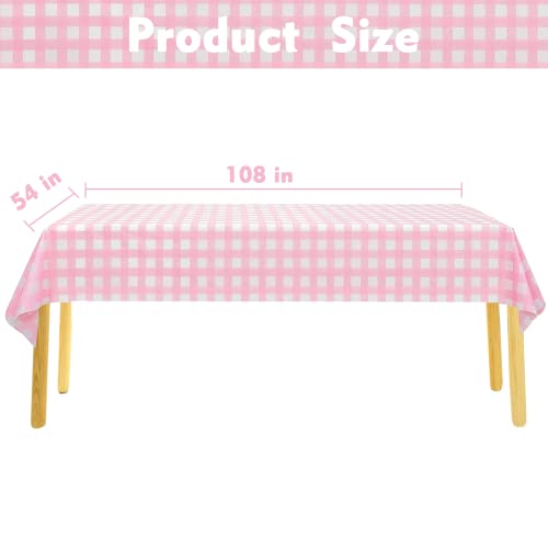 Kesfey 3 Packs Pink Gingham Tablecloth Pink and White Checkered Tablecloths 54 x 108 Inches Disposable Plastic Gingham Tablecovers Waterproof Rectangle Picnic Table Covers for Birthday Party Supplies - Image 4