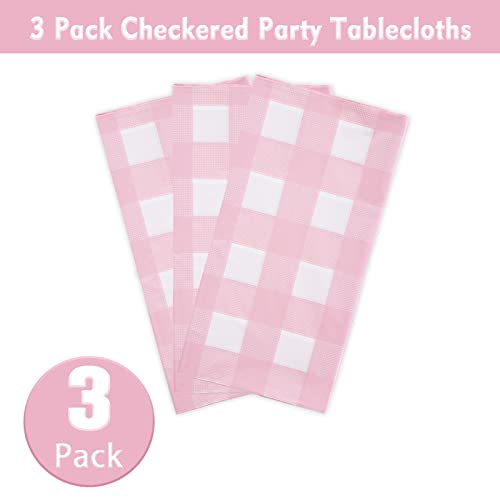Kesfey 3 Packs Pink Gingham Tablecloth Pink and White Checkered Tablecloths 54 x 108 Inches Disposable Plastic Gingham Tablecovers Waterproof Rectangle Picnic Table Covers for Birthday Party Supplies - Image 5