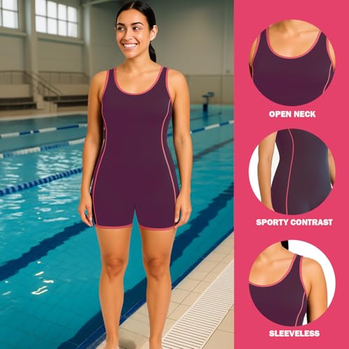 Hacer Romper Style Swimwear with Lining Padded Sleeveless Knee Length Bodysuit Swimming Costume One Piece Short Swimsuit for Pool Beach Women (S, 32, Wine) - Image 4