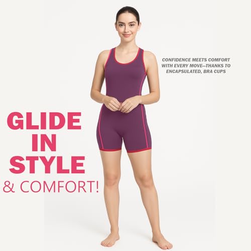 Hacer Romper Style Swimwear with Lining Padded Sleeveless Knee Length Bodysuit Swimming Costume One Piece Short Swimsuit for Pool Beach Women (S, 32, Wine) - Image 2