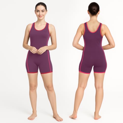 Hacer Romper Style Swimwear with Lining Padded Sleeveless Knee Length Bodysuit Swimming Costume One Piece Short Swimsuit for Pool Beach Women (S, 32, Wine) - Image 1