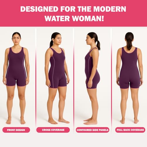 Hacer Romper Style Swimwear with Lining Padded Sleeveless Knee Length Bodysuit Swimming Costume One Piece Short Swimsuit for Pool Beach Women (S, 32, Wine) - Image 3