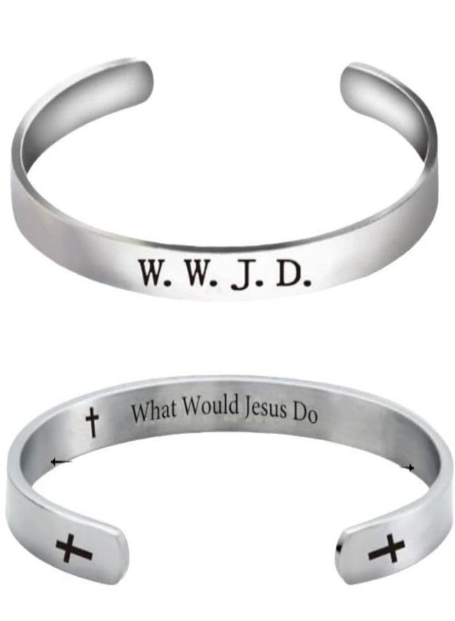 Pingyongchang 1Pcs WWJD Stainless Steel Prayer Bangle Cuff Open Bracelets What Would Jesus Do Engraved Cross Bible Verse Bracelet Women Men Inspirational Religious Christian Jewelry-Silver