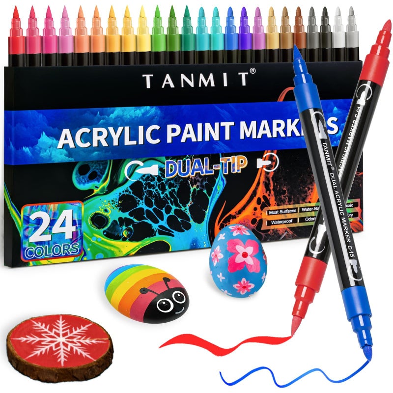 24 Colors Acrylic Paint Pens Dual Tip Acrylic Paint Markers with Brush Tip and Fine Tip Acrylic Pens for Rock Painting Wood Canvas Stone Glass CeramicDIY Crafts Making Art Supplies