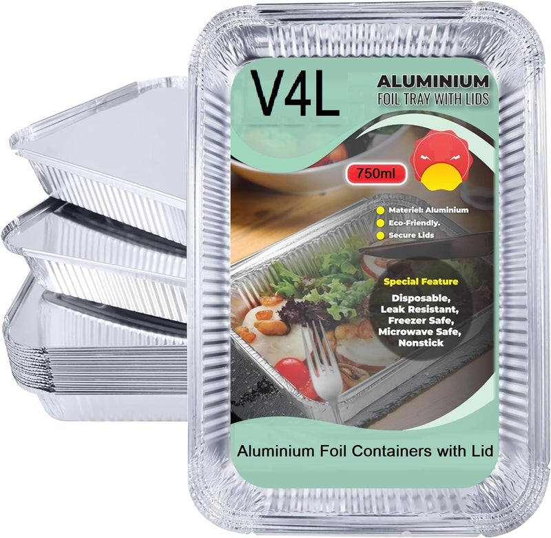 V4L Food Storage Disposable Aluminium Foil Containers with Lid for Takeaway Fast Food Packaging Size 750 ml Pack of 100 - Image 1