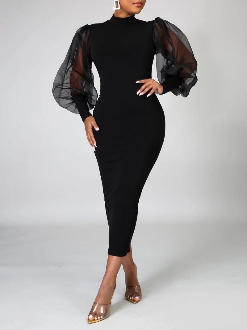 Ekaliy Women's See Through Bodycon Dress Long Puff Lantern Sleeve Sheer Mesh Dress Sexy Club Party Midi Dress Clubwear Black X-Large - Image 2