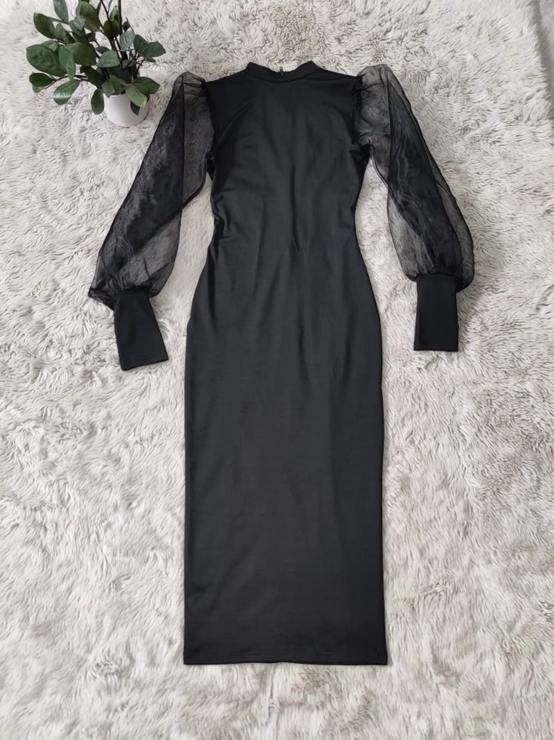 Ekaliy Women's See Through Bodycon Dress Long Puff Lantern Sleeve Sheer Mesh Dress Sexy Club Party Midi Dress Clubwear Black X-Large - Image 5