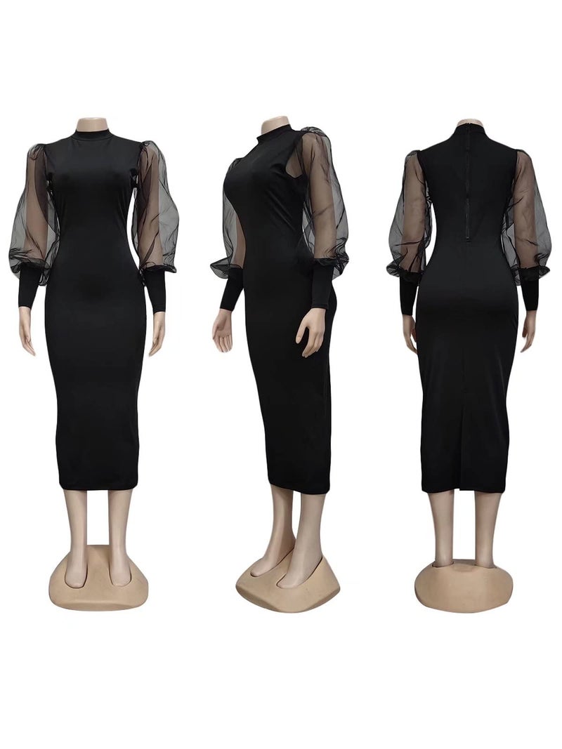 Ekaliy Women's See Through Bodycon Dress Long Puff Lantern Sleeve Sheer Mesh Dress Sexy Club Party Midi Dress Clubwear Black X-Large - Image 4