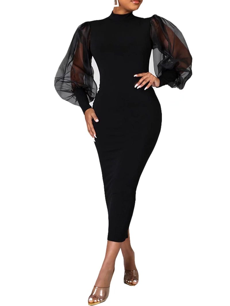 Ekaliy Women's See Through Bodycon Dress Long Puff Lantern Sleeve Sheer Mesh Dress Sexy Club Party Midi Dress Clubwear Black X-Large - Image 1
