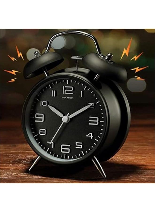 HOOKOR Super Silent Non Ticking Small Clock with Night Light, Battery Operated, Simple Design, Twin Bell Loud Alarm, Old Fashioned, for Heavy Sleeper, Bedroom, Bedside, Desk (Black)  - Image 2