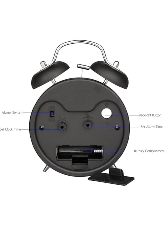 HOOKOR Super Silent Non Ticking Small Clock with Night Light, Battery Operated, Simple Design, Twin Bell Loud Alarm, Old Fashioned, for Heavy Sleeper, Bedroom, Bedside, Desk (Black)  - Image 5