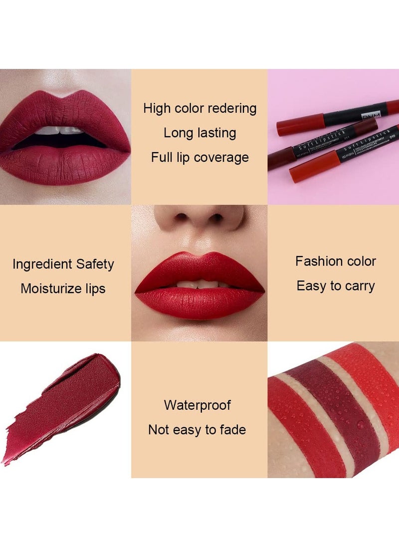 3Pcs Dark Ruby Deep Red Matte Lipstick and Lip Crayon Sticks Liner Pencil Set Red Matte Lip Liner and Liquid Stay on Lipstick 10&11&18