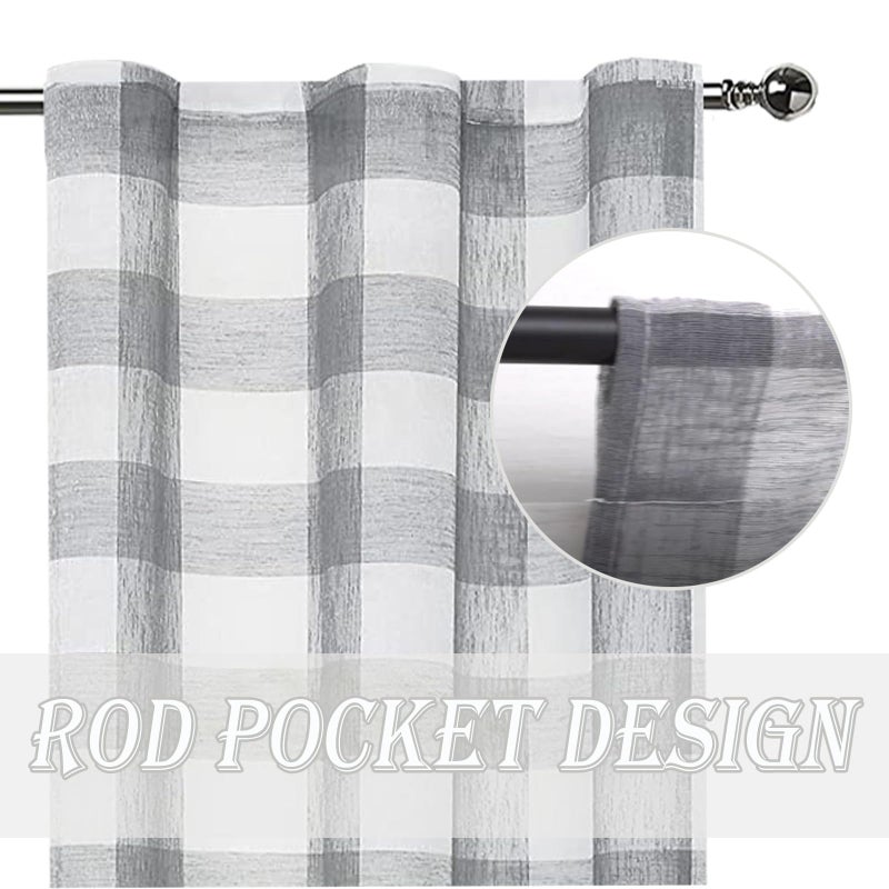 Amzdecor Grey Buffalo Plaid Curtains 84 Inch Long Linen Textured Sheer Panels Buffalo Check Plaid Rod Pocket Rustic Window Treatment Sets for Living Room Bedroom Farmhouse 2 Panels 40'x84'' Gray/White - Image 3