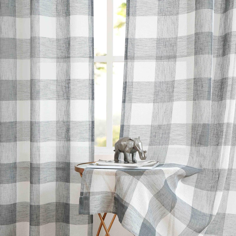 Amzdecor Grey Buffalo Plaid Curtains 84 Inch Long Linen Textured Sheer Panels Buffalo Check Plaid Rod Pocket Rustic Window Treatment Sets for Living Room Bedroom Farmhouse 2 Panels 40'x84'' Gray/White - Image 2