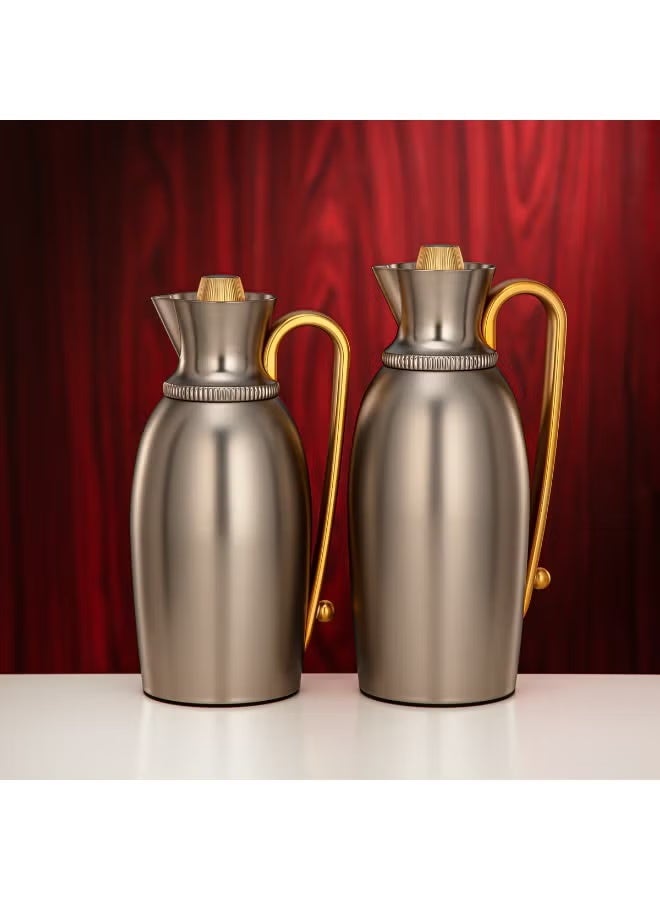 Al Marjan Vacuum Flask Set 0.75L & 1L Matte Nickel with Gold Handle – 2-Piece Insulated Tea & Coffee Server Set - Image 1