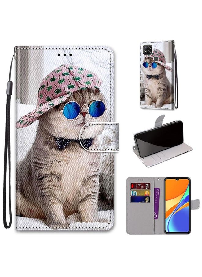HuHa Case Cover For Xiaomi Redmi 9C Coloured Drawing Cross Texture Horizontal Flip PU Leather Case with Holder & Card Slots & Wallet & Lanyard Slant Hat Blue Mirror Cat 