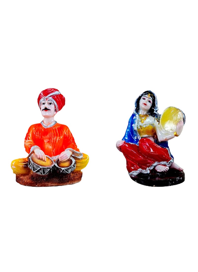 ESPLANADE ESPLANADE Resin Rajasthani Punjabi Musical Folks Showpiece Figurine Sculpture Set of 2 Decorative Items Home Decor RedMulticolour 66 Inches  - Image 1