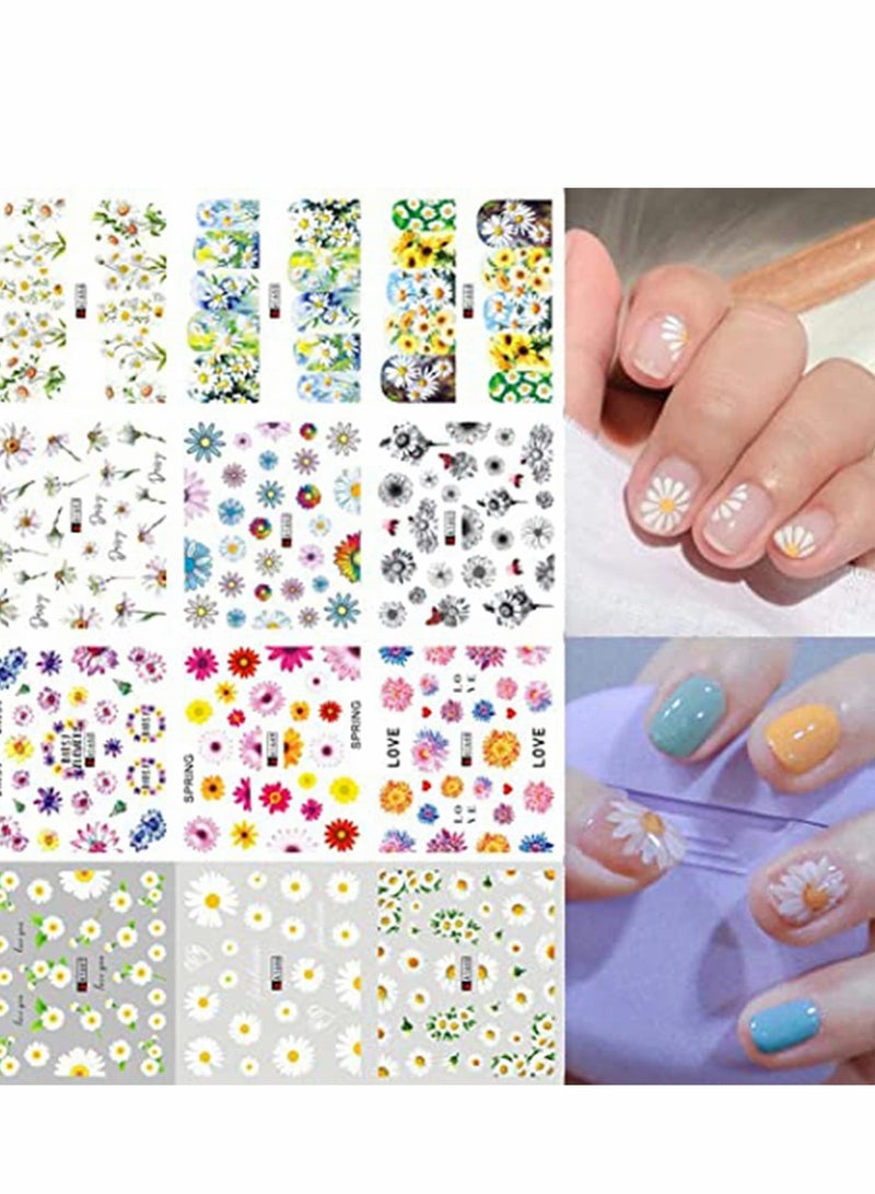 Daisy Nail Water Stickers with Sunflower Designs for Summer DIY Nail Art 12PCS - Image 1