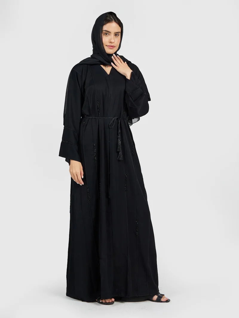 عباءات ريم Minimalist Black Beaded Abaya - Vertical Tassel Detail Modest Dress