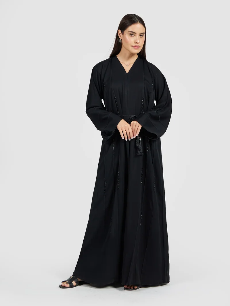عباءات ريم Minimalist Black Beaded Abaya - Vertical Tassel Detail Modest Dress