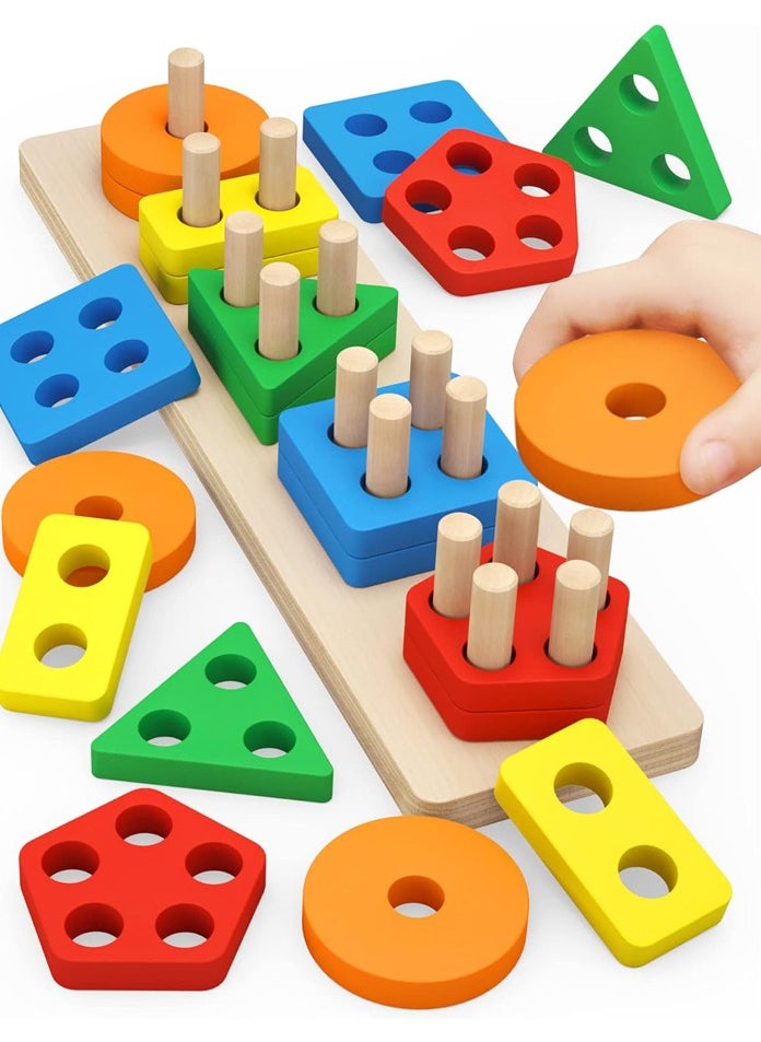FEND - Wooden Educational Multicolour Shape Recognition Stacking Block Set For Baby - Image 1