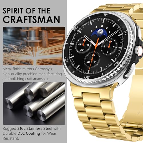 WINGLE Stainless Steel Bands for Galaxy Watch 8 Band Samsung Galaxy Watch 8 Classic Band 46mm 44mm 40mm Men Rugged Metal Strap Classy Elegant Casual Business Bracelet Galaxy Watch8/ 8 Classic, Gold - Image 3