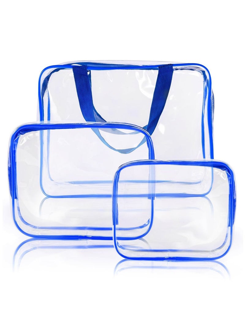 MARGOUN 3Pcs Clear Cosmetics Bag Toiletry Bag Transparent PVC Waterproof Travel Makeup Bag Organizer Clear/Blue - Image 1