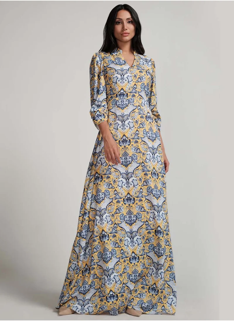 Zigzag Sleeve Detailed Printed Maxi Dress With A Collar