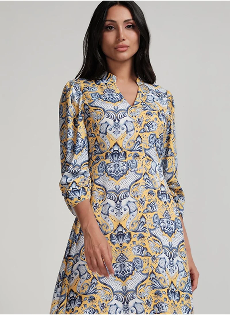 Zigzag Sleeve Detailed Printed Maxi Dress With A Collar