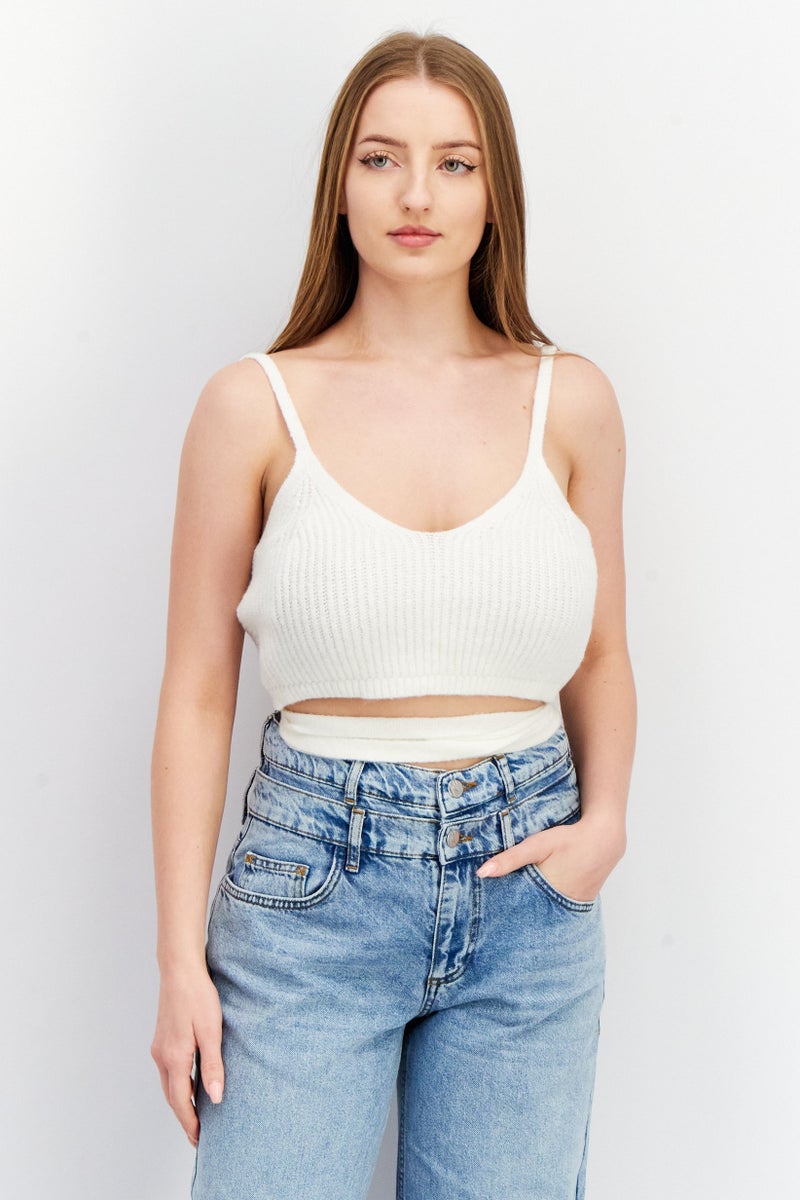 NA-KD Women V-Neck Sleeveless Textured Crop Tank Top, White  - Image 1