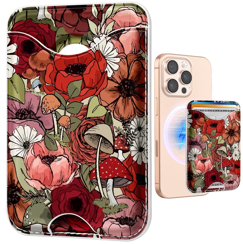 Shorogyt Compatible with Magsafe Wallet Magnetic Card Holder - Flower Mogu Phone Wallets for Women Teen Girls Cute for iPhone 17/16/15/14/13/12 Series Slim for Apple Mag RFID Magnet, Fit 3 Cards - Image 1